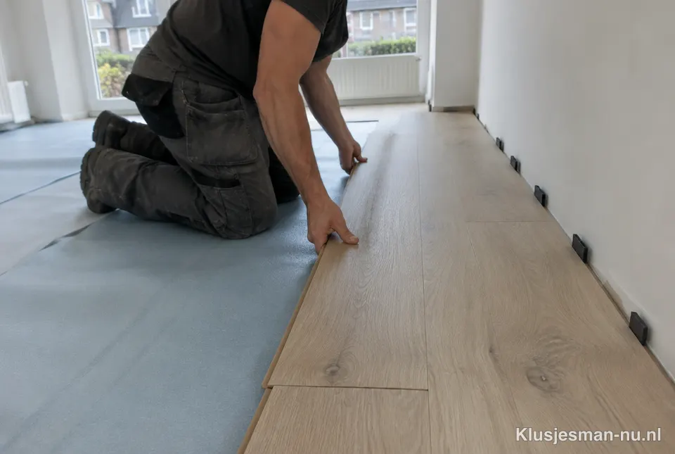 Klusjesman legt laminaat in een woonkamer