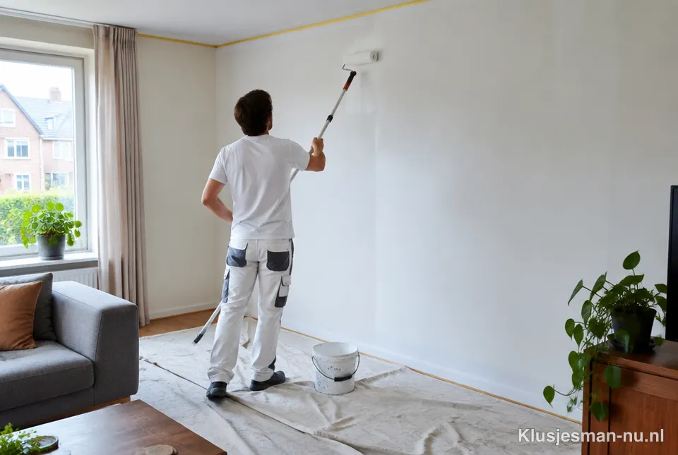 Klusjesman schildert een muur wit met een roller