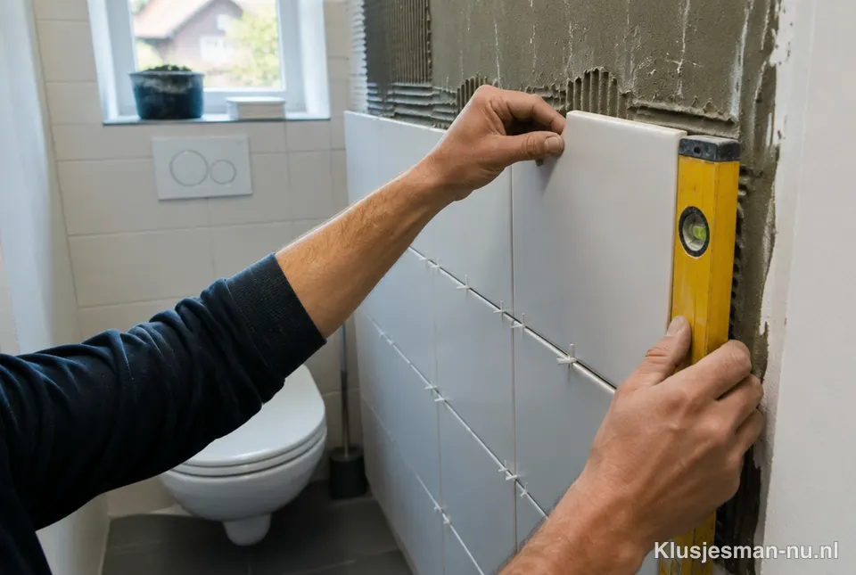 Klusjesman zet tegels in een toiletruimte