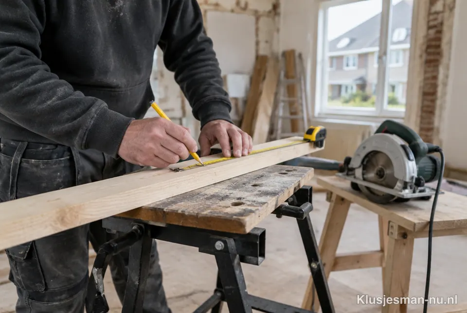 Timmerman meet een houten plank af op een werkbank